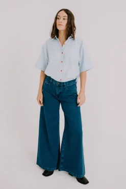 Annie - Jasper Shirt - Pale Blue with Scarlet Contrast Stitch