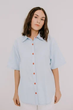 Annie - Jasper Shirt - Pale Blue with Scarlet Contrast Stitch