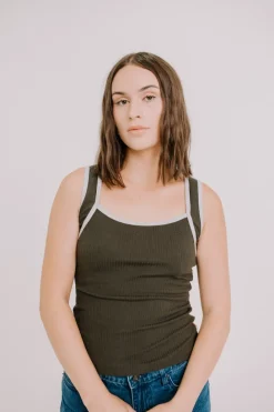 Annie - Juni Ribbed Contrast Tank - Khaki/Grey