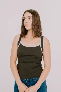Annie - Juni Ribbed Contrast Tank - Khaki/Grey