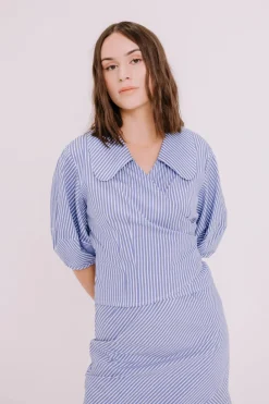 Annie - Lydia Wrap Blouse - Blue stripe