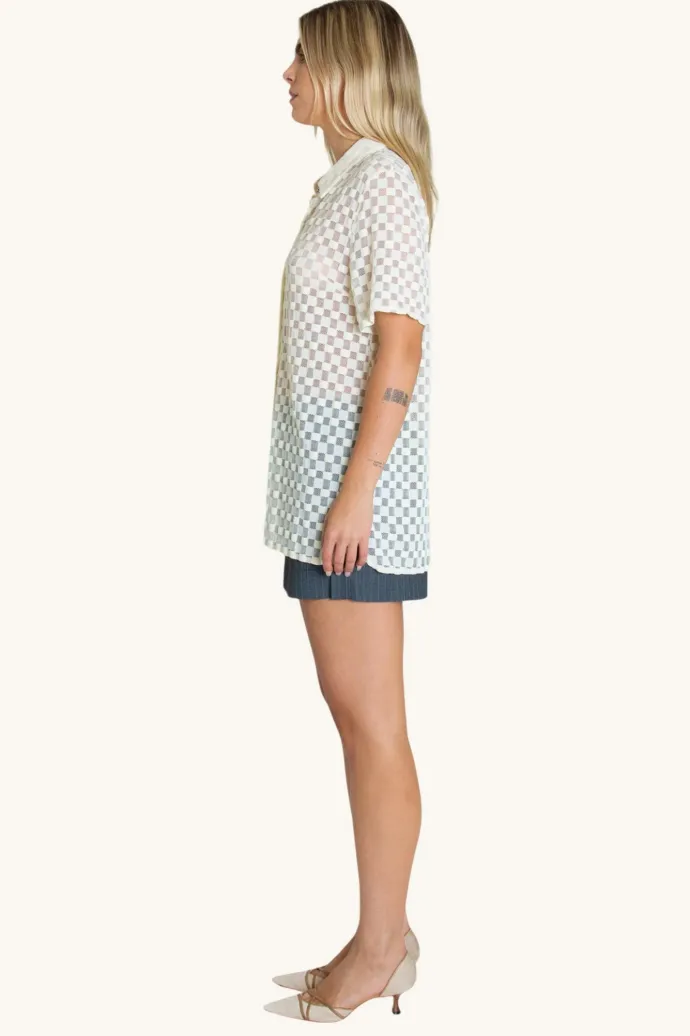 LAST ONE | Find Me Now - Harmony Checkered Mesh Button Down - White Noise