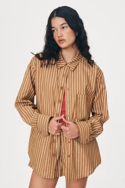 LAST ONE | ROWIE - Ramona Stripe Long Sleeve Shirt - Tan Stripe