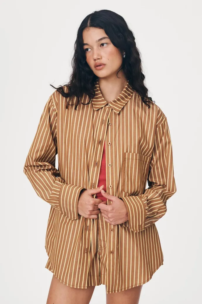 LAST ONE | ROWIE - Ramona Stripe Long Sleeve Shirt - Tan Stripe