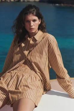 LAST ONE | ROWIE - Ramona Stripe Long Sleeve Shirt - Tan Stripe