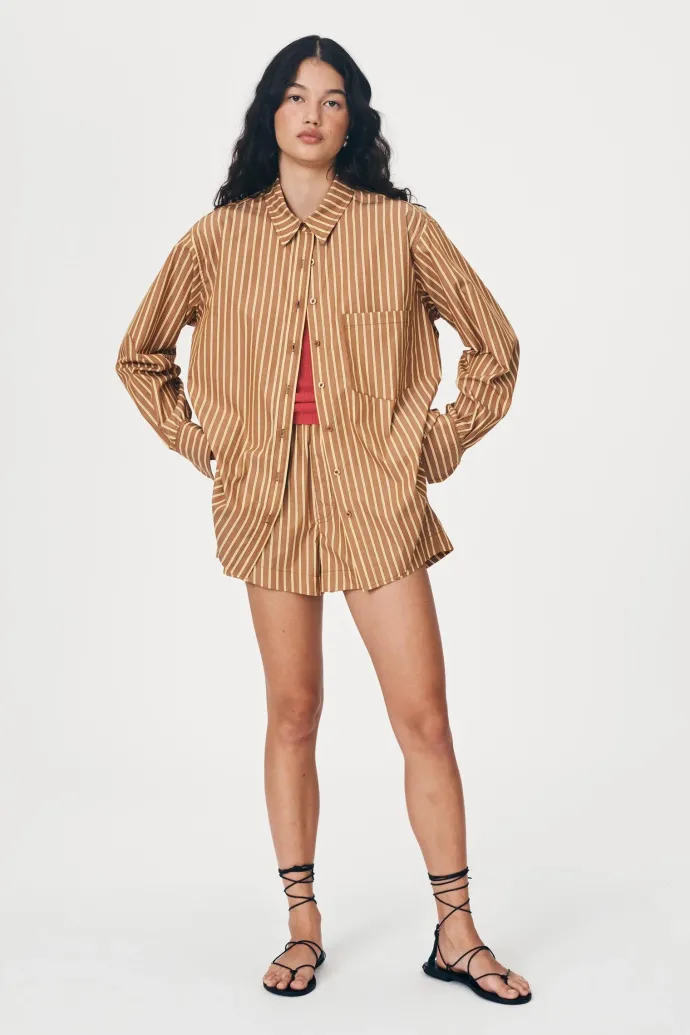 LAST ONE | ROWIE - Ramona Stripe Long Sleeve Shirt - Tan Stripe